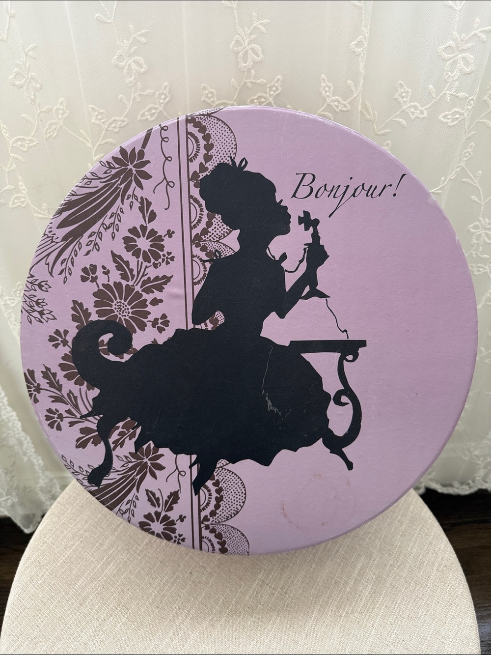 French Inspired Bon Jour Storage Box - Lavender with Black Silhouette